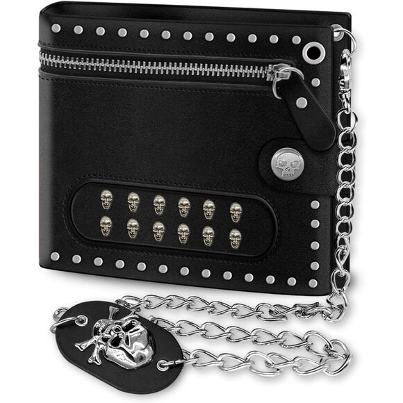 Gothic Chain Leather Wallet  Goth Accessories Motif Design For Men's - Picture 1 of 7